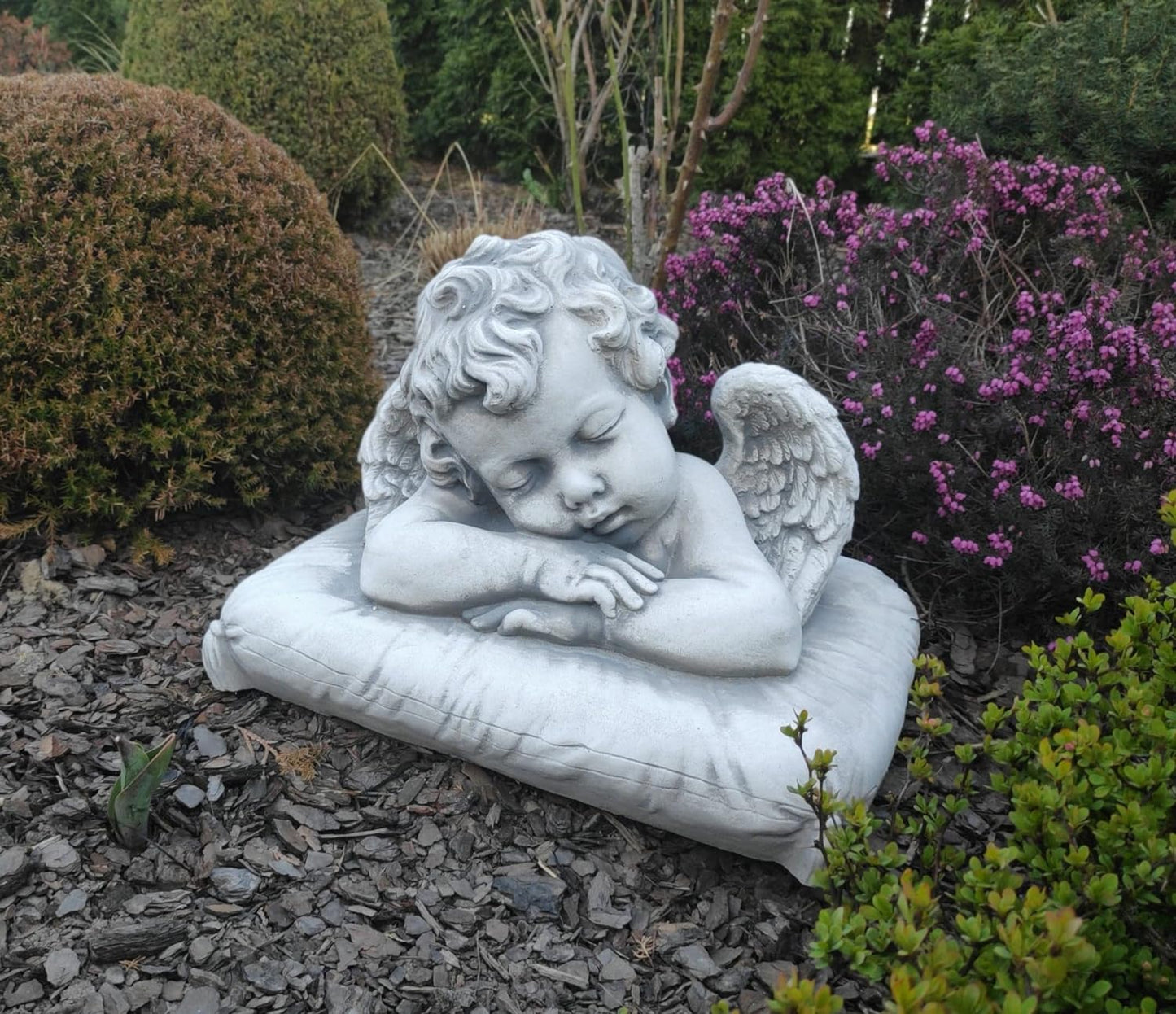 Figura ao ar livre de Anjo do sono tranquilo - Decoração de jardim de concreto, 31x24x25cm