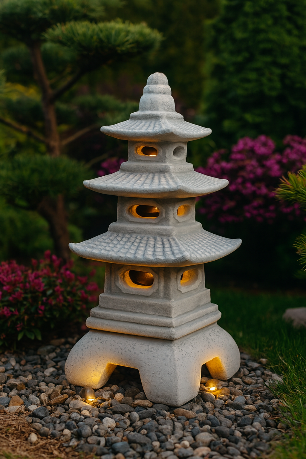 Estátua de ornamento de jardim - Lanterna japonesa/pagode de três camadas de pedra