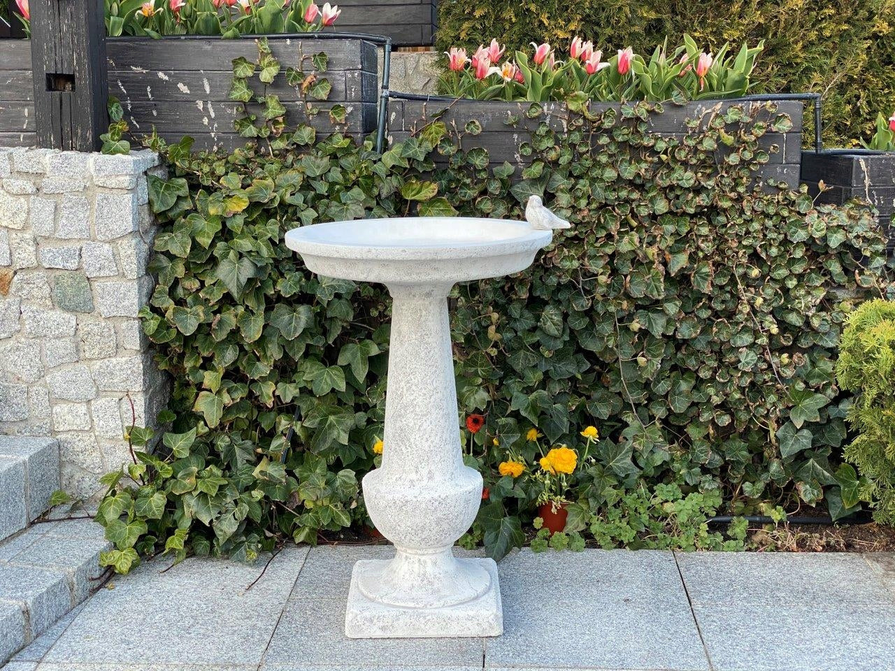 Banheira de concreto premium para pássaros - 74 cm de altura, 51 cm de diâmetro