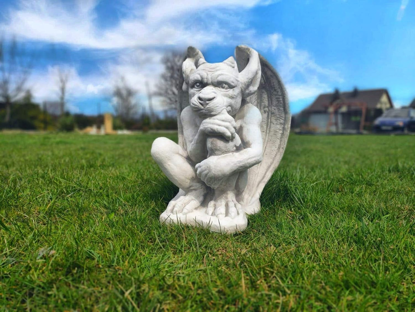 Estatueta de gárgula sentada, feita de pedra fundida, ornamento externo/interno, decoração