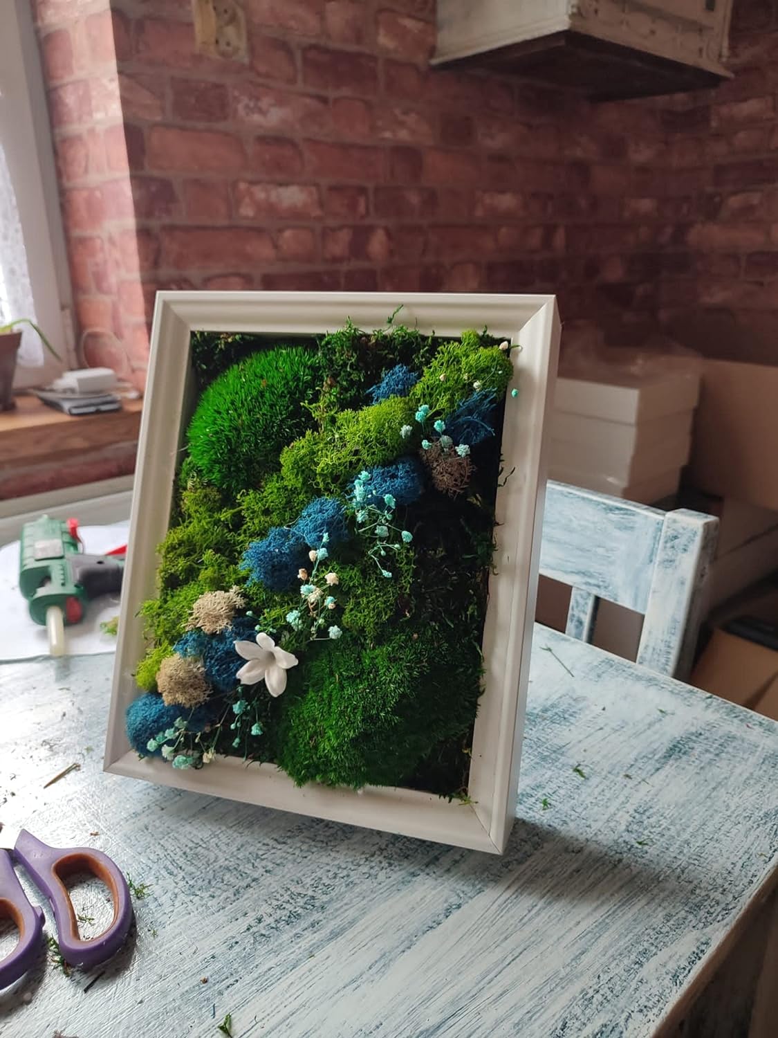Artesanato feito de musgo escandinavo e plantas preservadas em moldura branca - flor Fada Jasmin