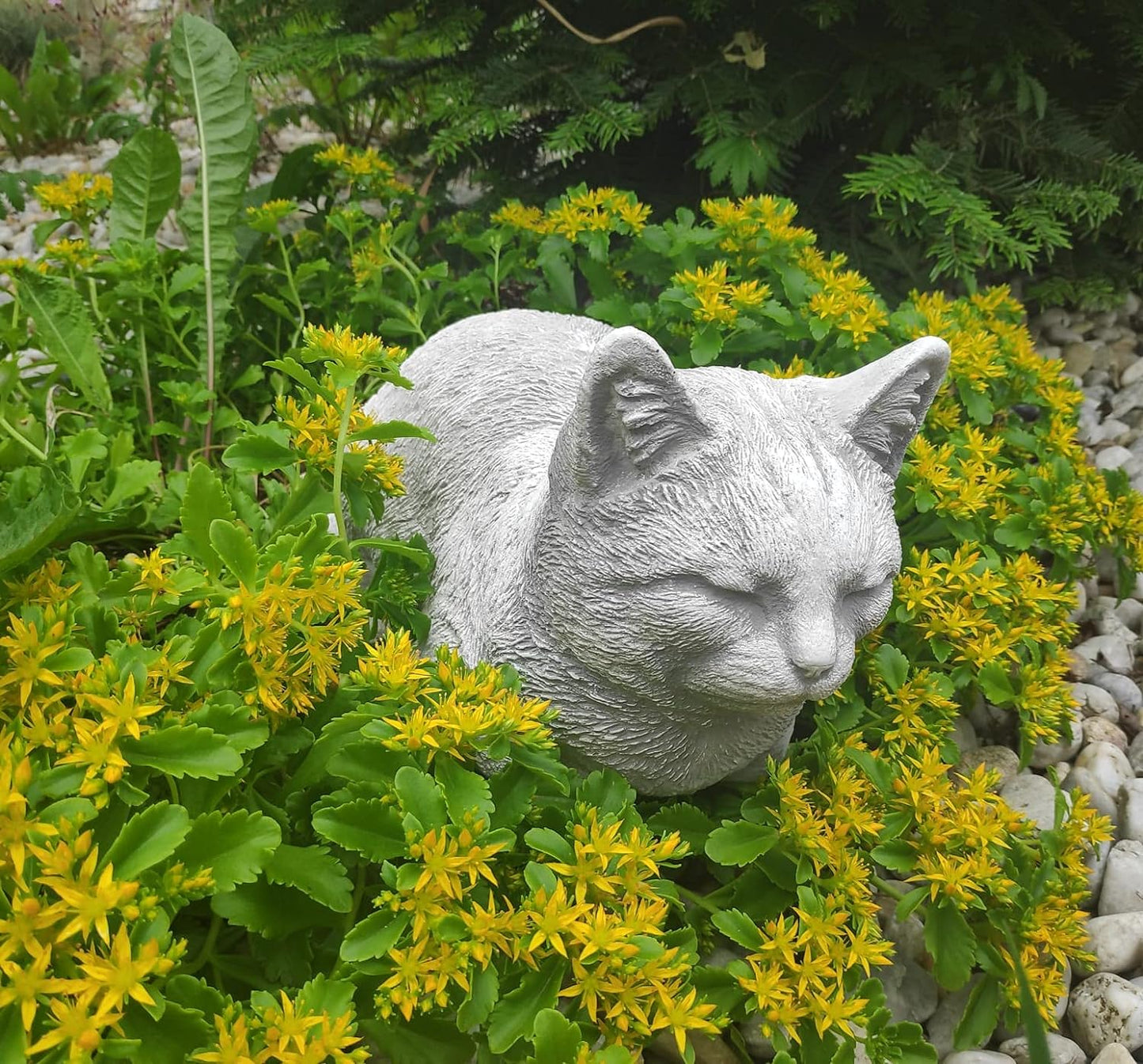 Figura de gato relaxante, enfeite externo/interno, feito de pedra fundida