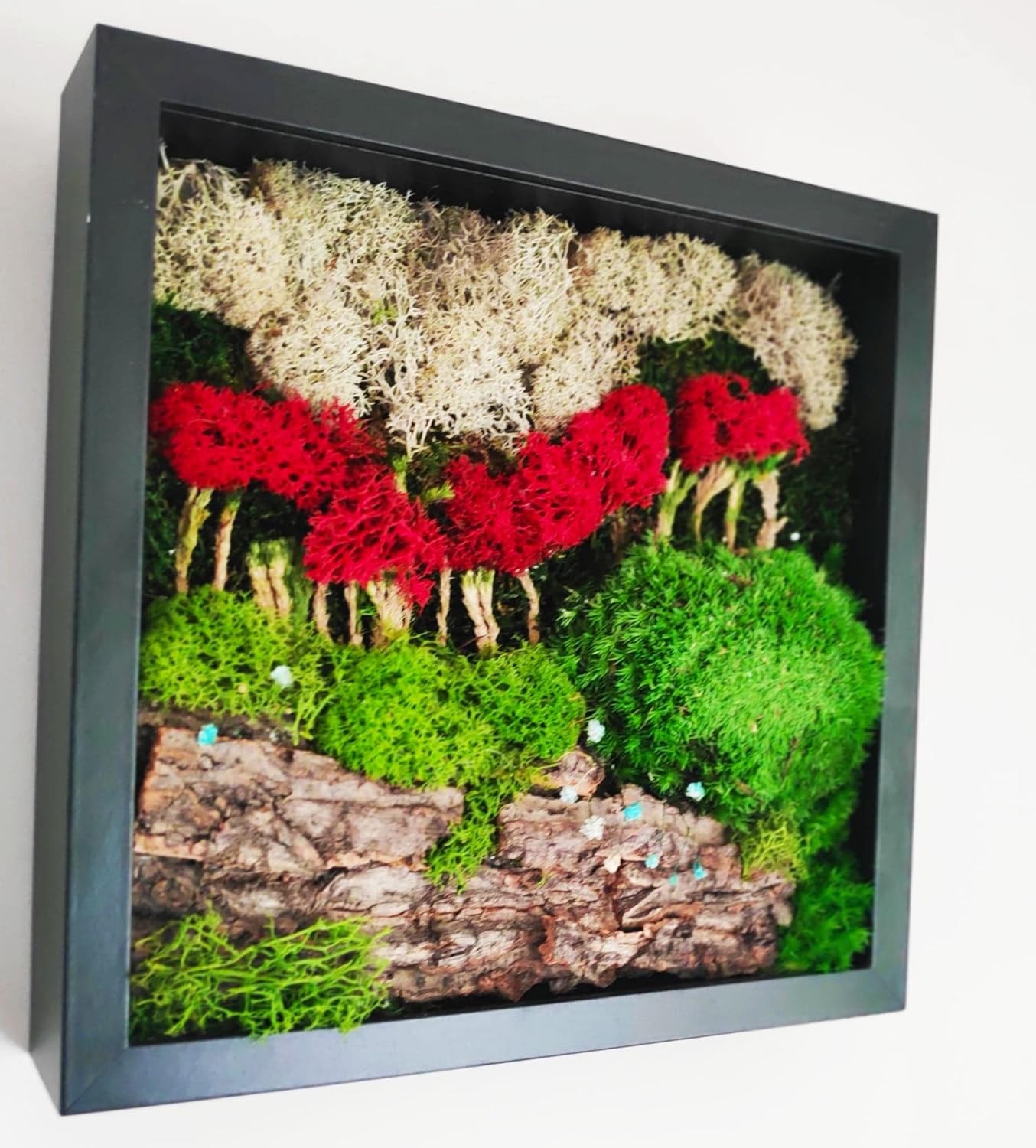 Artesanato feito com plantas preservadas e musgo de rena na moldura preta 27x27cm - Outono Mágico em Paris