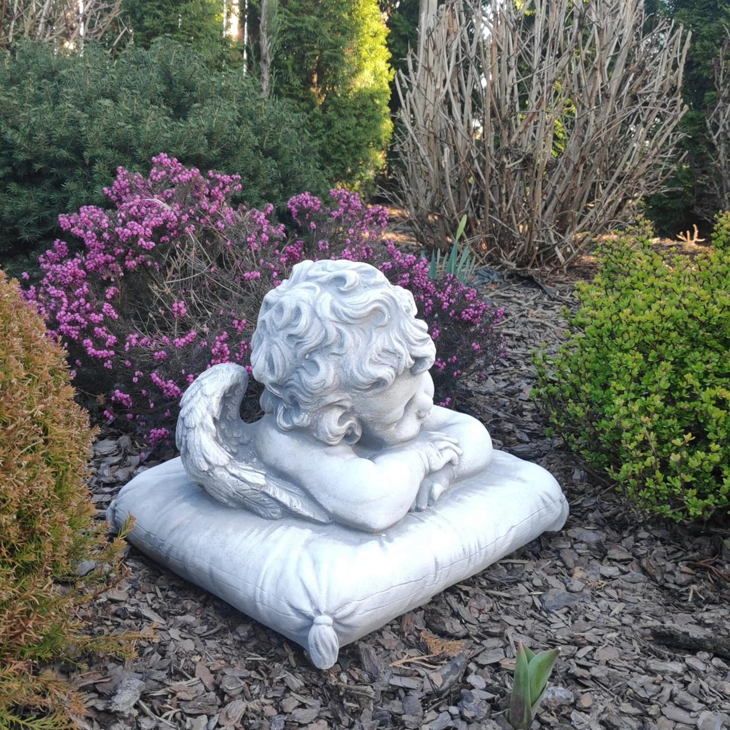 Figura ao ar livre de Anjo do sono tranquilo - Decoração de jardim de concreto, 31x24x25cm